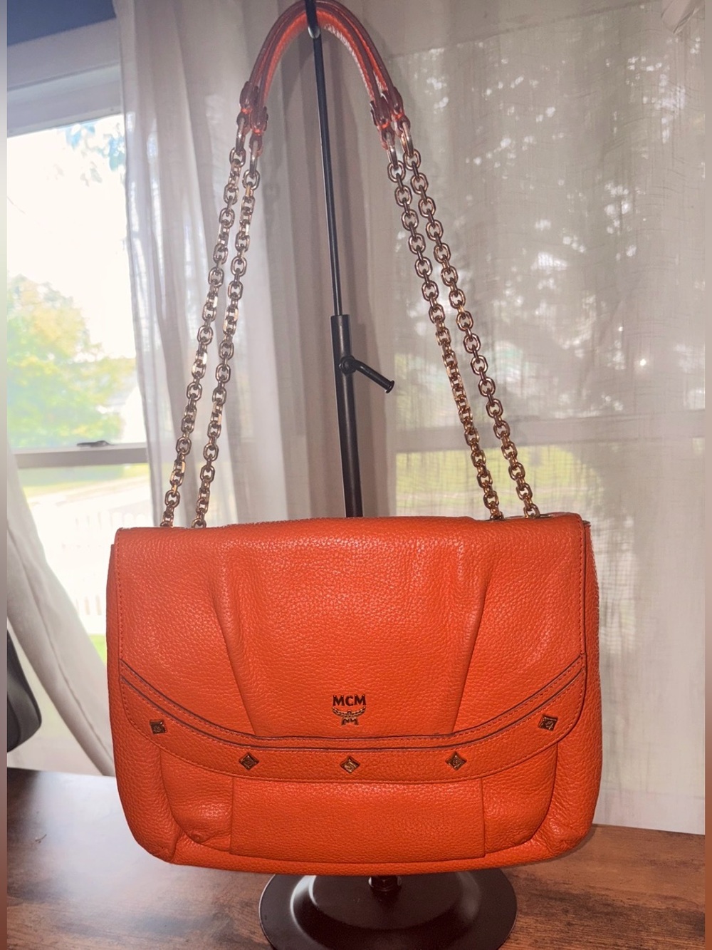 MCM Orange Pebbled Leather two way Chain-Handle Shoulder Bag FLASH SALE